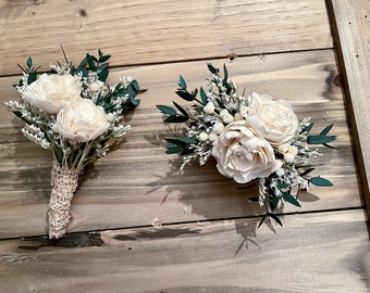 Dried  flower Boho wrist corsages/boutonnieres with Sola wood roses, teardrop eucalyptus, dried flowers.  Colors available upon request.