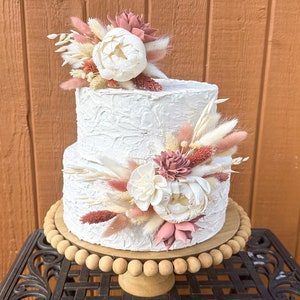 Dusty Rose pink, Blush & ivory Boho cake flower decoration for wedding, bridal or baby shower or birthday - Sola wood, dried flowers, pampas