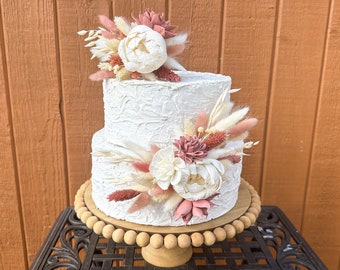 Dusty Rose pink, Blush & ivory Boho cake flower decoration for wedding, bridal or baby shower or birthday - Sola wood, dried flowers, pampas