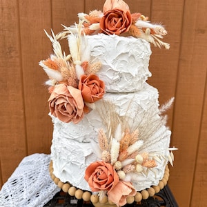 Boho cake flowers in light desert rose terracotta  & ivory, for wedding, bridal/baby shower or birthday, Sola wood, dried flowers, pampas