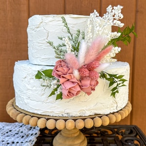 Dusty Rose pink, white & green Boho cake decoration cake topper for wedding, bridal or baby shower or birthday - Sola wood, dried flowers