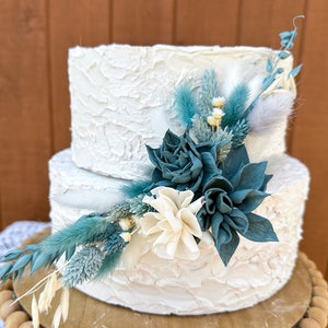 Turquoise, teal Blue & Ivory Boho cake topper flower decoration-Wedding, bridal, baby shower or birthday - Sola wood, dried flowers, pampa,s