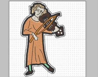 May include: An embroidered patch featuring a medieval figure playing a stringed instrument. The figure is dressed in a long orange robe with green shoes and holds a brown instrument with a curved bow. The design has a white outline.