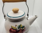 Vintage Enamel Teapot White Enamel with Apples Country Farmhouse Decor