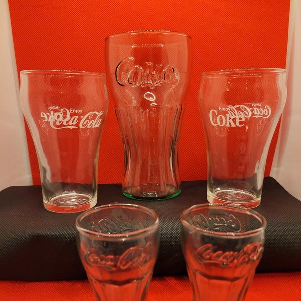 Vintage Coke Glasses--Set Of 5--2 Clear--3 Green tinted