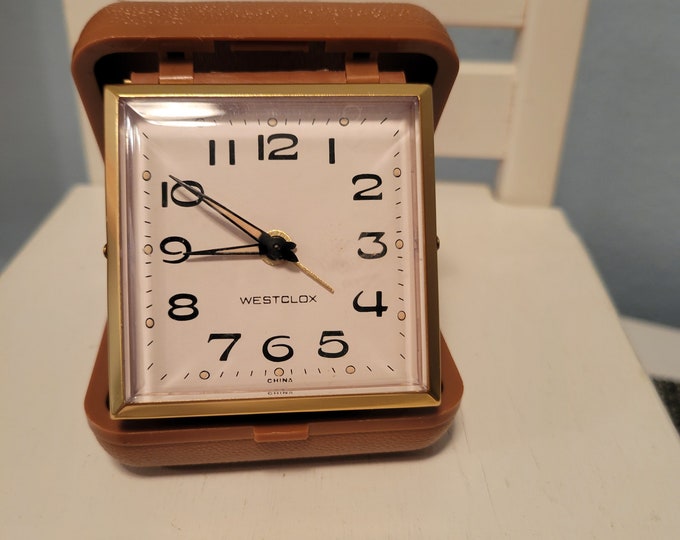Vintage Westclox Travel Alarm Clock Tan With Folding Case works Great