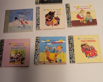 May include: A collection of vintage Little Golden Books, including "The Poky Little Puppy", "The Three Bears", "We Help Mommy", "The Little Red Hen", "Fire Engines", and "The Sleepy Book".