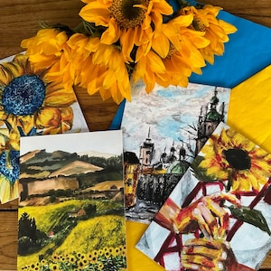 Juego de 4 tarjetas plegadas con sobres con temática de Ucrania, 5 x 7, interior en blanco. Todos los ingresos se destinan a organizaciones benéficas que trabajan en Ucrania.