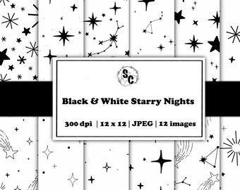 Black and White hand drawn seamless stars digital download pattern, modern digital paper, seamless star pattern, monochromatic pattern