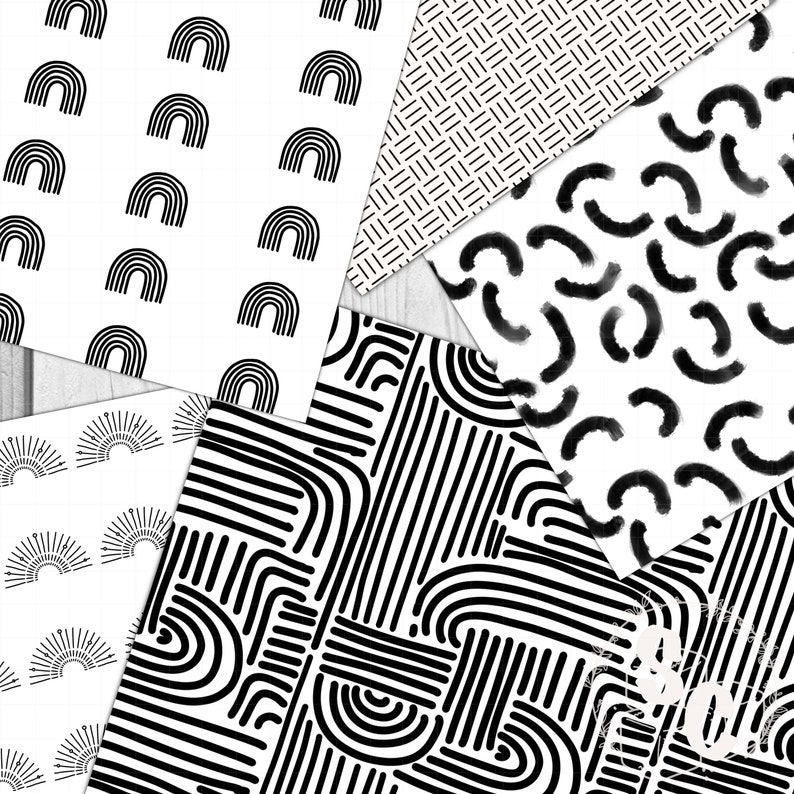 Black and White Boho Modern Seamless Digital Patterns, Scrapbook Paper ...