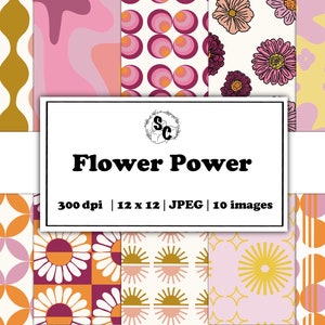 Retro 70s digital pattern papers, digital background, digital prints, scrapbooking, groovy pattern, flower pattern, pink patterns,