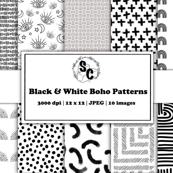 Black and White boho modern seamless digital patterns, scrapbook paper, polka dot, stripes, hand drawn doodle pattern paper