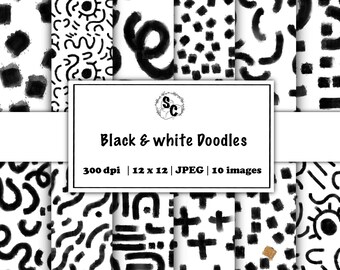 cute homework clipart black and white Black and white abstract doodle digital paper, modern pattern, monochromatic digital paper, seamless pattern digital download, boho pattern