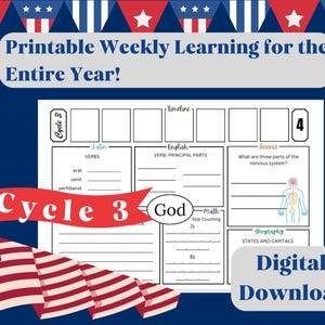 May include: A printable weekly learning worksheet featuring sections for Latin, English, Math, Science, and Geography. The document includes a timeline, the text Cycle 3, and a diagram of the human nervous system. It is decorated with American flag motifs.