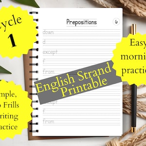 Puede incluir: Una hoja de trabajo imprimible con el título "Preposiciones" y espacios en blanco para escribir. La hoja de trabajo forma parte de una serie "Ciclo 1" English Strand. El texto "¡Práctica fácil de la mañana!" está escrito en una forma de estrella amarilla.
