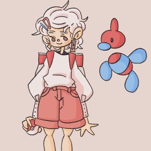 May include: A cartoon illustration of a person wearing a white and red top, red shorts, and red trainers. The person has white hair and is holding a small ball. A red and blue cartoon character floats nearby. The background is a pale pink colour.