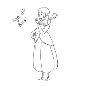 May include: A black and white line drawing of a high-elf bard. The character is wearing a long dress and holding a lute. Text in the upper left corner reads "High-elf Bard!"