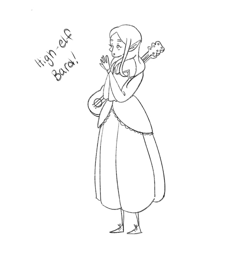 May include: A black and white line drawing of a high-elf bard. The character is wearing a long dress and holding a lute. Text in the upper left corner reads "High-elf Bard!"