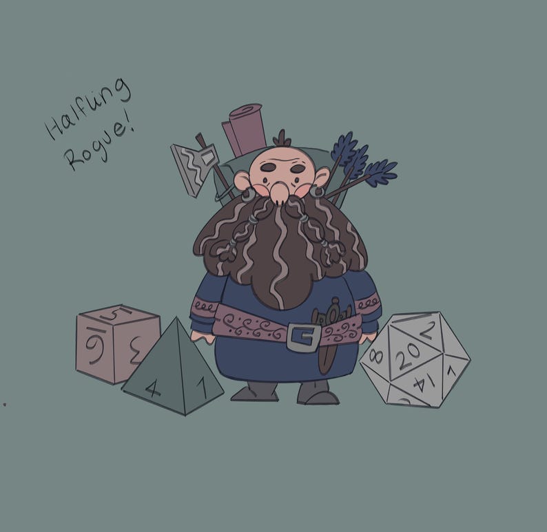 May include: Illustration of a cartoon dwarf character with a long beard, wearing a blue tunic and carrying a backpack with a rolled-up scroll, axe, and arrows. Dice are scattered around the dwarf, and the text "Halfling Rogue!" is written in the upper left corner.