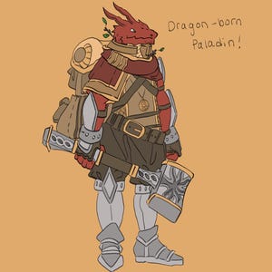May include: Illustration of a dragon-born paladin character. The character is red with armor, a backpack, and weapons. The text "Dragon-born Paladin!" is written in the upper right corner.