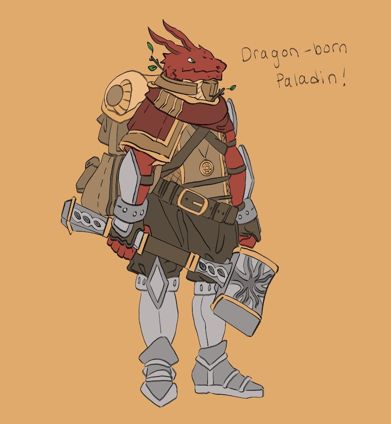 May include: Illustration of a dragon-born paladin character. The character is red with armor, a backpack, and weapons. The text "Dragon-born Paladin!" is written in the upper right corner.