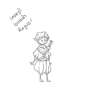 May include: A black and white line drawing of a baby goblin rogue. The goblin has pointed ears, curly hair, and is wearing a tunic with a cross-body strap and a quiver of arrows. The text "(baby) goblin Rogue!" is written in the upper left corner.