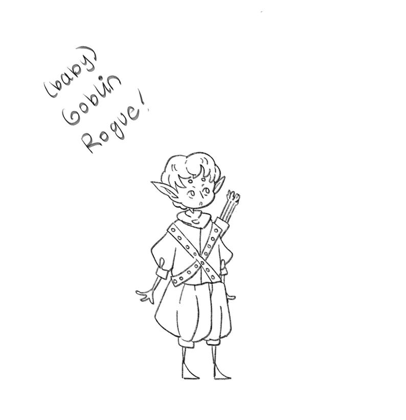 May include: A black and white line drawing of a baby goblin rogue. The goblin has pointed ears, curly hair, and is wearing a tunic with a cross-body strap and a quiver of arrows. The text "(baby) goblin Rogue!" is written in the upper left corner.