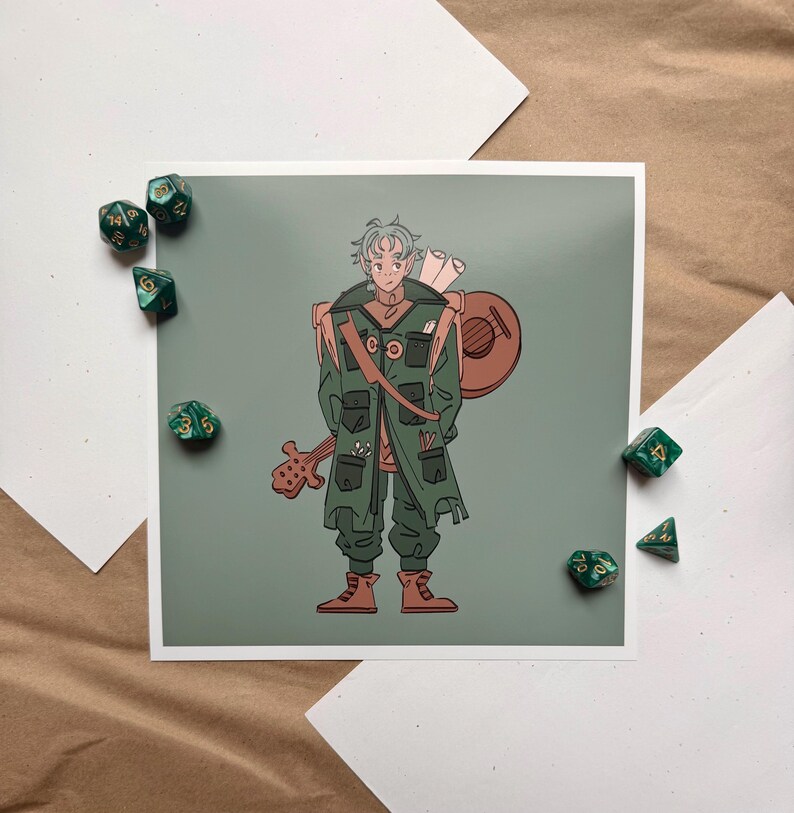 May include: An illustration of a character in green clothing with a lute and a scroll. The character is standing in front of a green background. Several green and gold dice are scattered around the print.