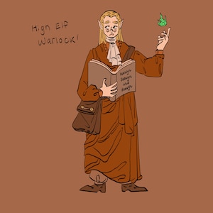 May include: Illustration of a High Elf Warlock in a brown robe, holding a book with text and a green flame. The elf has long blonde hair, pointed ears, and is wearing glasses and a white collar. A brown satchel hangs from the shoulder.