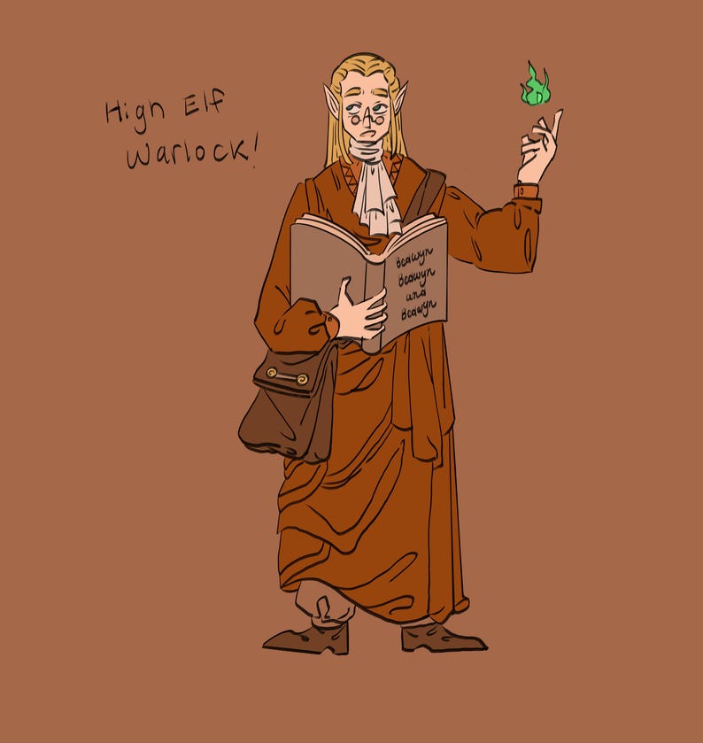 May include: Illustration of a High Elf Warlock in a brown robe, holding a book with text and a green flame. The elf has long blonde hair, pointed ears, and is wearing glasses and a white collar. A brown satchel hangs from the shoulder.