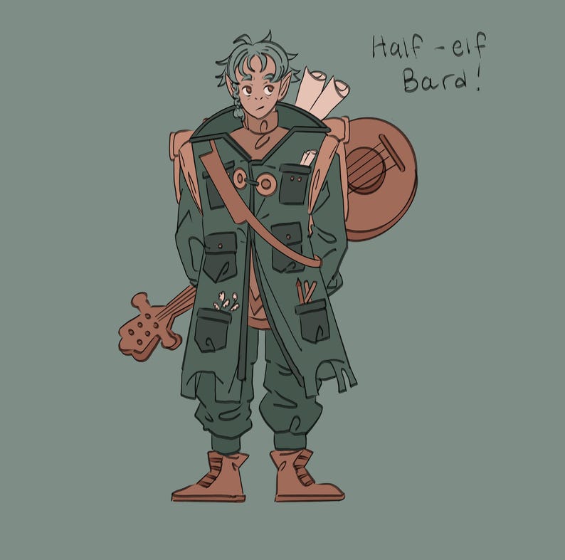 May include: Illustration of a half-elf bard character in a green coat and pants, with a lute and scrolls. The character has pointed ears and blue hair. The text "Half-elf Bard!" is written in the upper right corner.