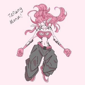 May include: Illustration of a Tiefling Monk character with pink hair, horns, and skin markings. The character wears a pink crop top, gray pants, and pink shoes. The text "Tiefling Monk!" is written in the upper left corner.