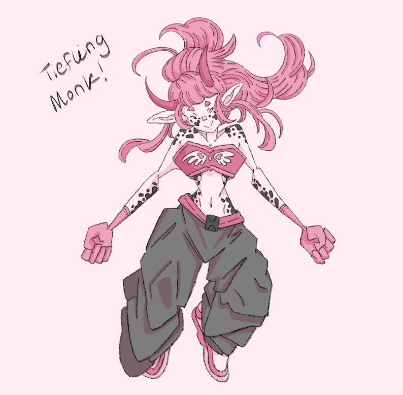 May include: Illustration of a Tiefling Monk character with pink hair, horns, and skin markings. The character wears a pink crop top, gray pants, and pink shoes. The text "Tiefling Monk!" is written in the upper left corner.