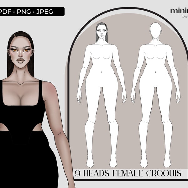 Realistic Fashion Figure Template - 9 Heads Plus Size Fashion Croquis - Full Female Standing Pose - Template Fashion Design Students - PSD