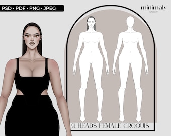 Realistic Fashion Figure Template - 9 Heads Plus Size Fashion Croquis - Full Female Standing Pose - Template Fashion Design Students - PSD