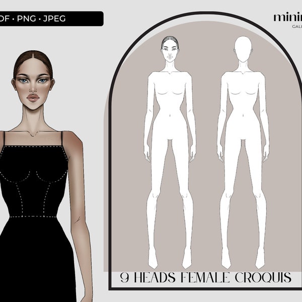 Fashion Figure Template - 9 Heads Fashion Croquis - Female Standing Pose - Template For Fashion Design Students - Fashion Illustration - PSD