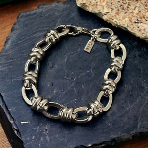 Bracciale spesso / Bracciale in argento massiccio / Bracciale a maglie grandi / Bracciale grande a barilotto in stile retrò