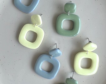 Olly’s Earrings. Multi-colored polymer clay earrings. 3 colors: blue, green, yellow. Stainless steel. Hypoallergenic.