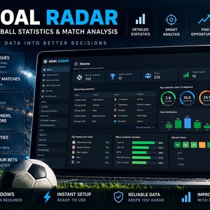 May include: A laptop displaying the Goal Radar football statistics and match analysis software interface. The screen shows data dashboards, charts, and match lists. A football sits in the foreground against a stadium background.
