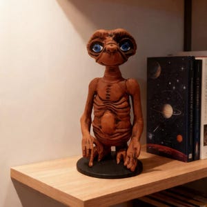 Puede incluir: Una figura marrón del personaje extraterrestre E.T. con grandes ojos azules. La figura está sobre una base negra y se exhibe en una estantería de madera. Se ven libros en el fondo.