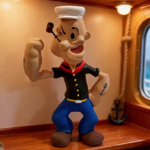 Peut inclure: Figurine de Popeye le marin, clin d'œil et fléchissant son bras. Il porte un chapeau de marin blanc, une chemise noire avec des boutons jaunes, un pantalon bleu et des chaussures marron. Un tatouage d'ancre est visible sur son bras.