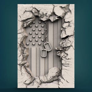 May include: A gray, textured, rectangular wall with a cracked hole revealing an American flag with two dog tags hanging from a chain. The flag is in relief, and the dog tags are three-dimensional.