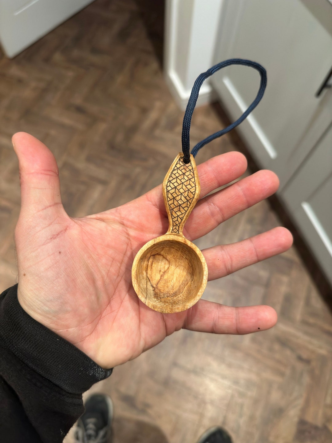 Hand Carved Wooden Coffee Scoop With Decorated Handle and Hanging Loop