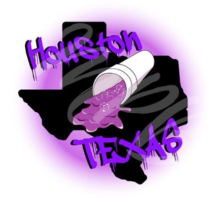 May include: A purple and black graphic design featuring the state of Texas with the words "Houston Texas" in a graffiti style font. A purple liquid is pouring out of a white cup.