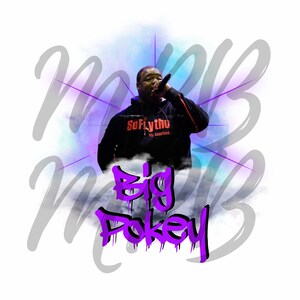 May include: A digital illustration of a man rapping with a microphone. The background is a blue and purple watercolor effect with the words "Mark" and "Big Pokey" in purple graffiti font.