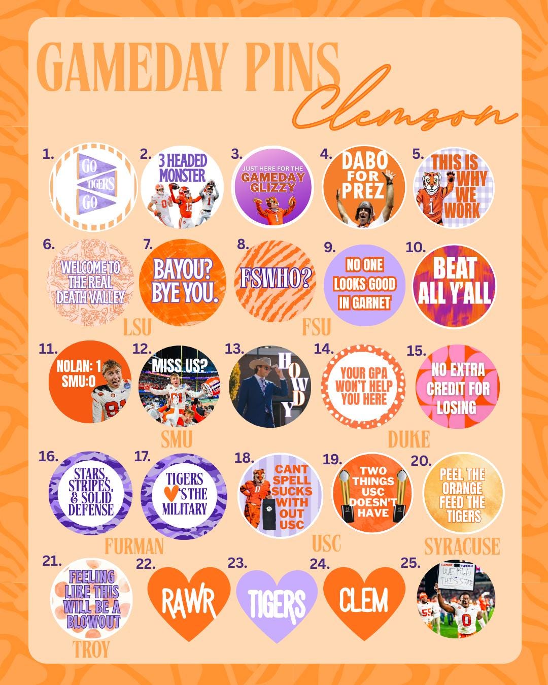 Gameday Buttons | Clemson University Gameday | Clemson Tiger Buttons