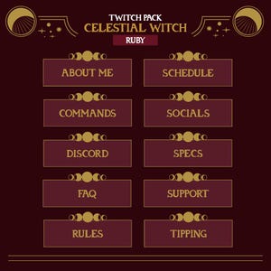 Könnte beinhalten: Ein digitales Twitch-Pack-Design mit einem himmlischen Thema. Das Design hat einen dunkelroten Hintergrund mit goldenen Akzenten und Textfeldern. Der Text enthält "About Me", "Schedule", "Commands", "Socials", "Discord", "Specs", "FAQ", "Support", "Rules" und "Tipping".