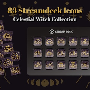 Puede incluir: 83 iconos de Streamdeck en una colección de brujas celestiales. Los iconos son dorados sobre un fondo morado oscuro con estrellas y lunas. Los iconos incluyen un botón de reproducción, una burbuja de chat, un mando de juego, un micrófono, una huella de pata, una taza de café, un botón de volumen alto, un botón de volumen bajo, un megáfono, un eslabón de cadena, un cubo de basura y un grupo de personas.