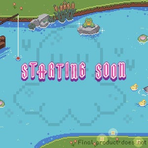 May include: Pixel art scene of a lake with a dock, a person fishing with a child, and ducks. The text "STARTING SOON" is displayed in pink and white. The scene has a cartoonish style.