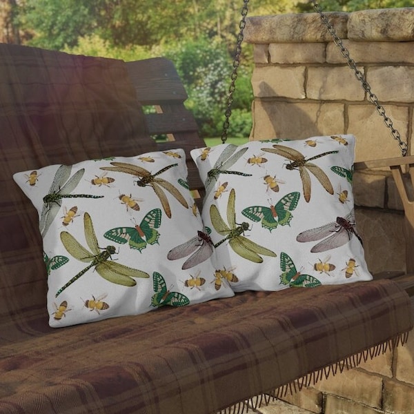 Dragonfly, Bee and Butterfly Water Resistant Indoor/Outdoor Throw Pillow, Bee throw Pillow, Butterfly decorative cushion for your porch